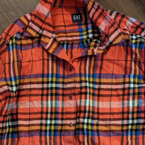 GAP - Button-Up Flannel Big Shirt 439301: Orange Tartan Plaid Red: Medium Petite - Picture 11 of 15